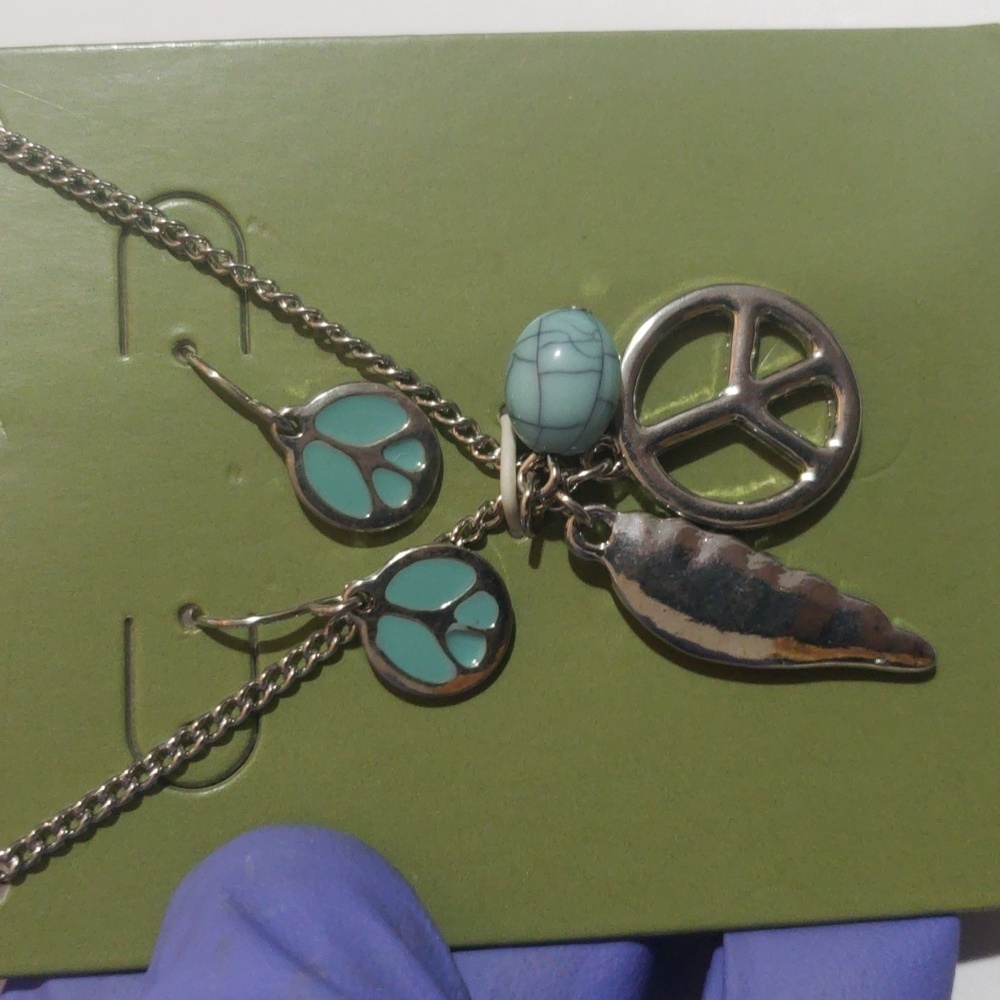 Boho Silver Peace Charm Necklace & Turquoise Accent Earrings – Artisan Jewelry - Picture 7 of 8